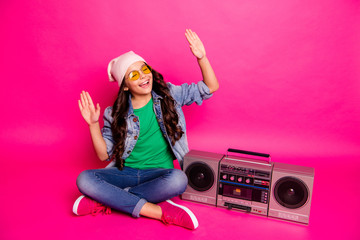 Full length body size photo beautiful little small she her curly lady enjoy modern playlist sit old...