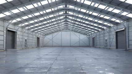 Hangar interior with rolling gates. 3d illustration - obrazy, fototapety, plakaty