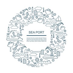 Sea port concept. Freight vessels or ships icons. Maritime transportation. Brochure, report or cover design template. Circle frame with thin line icons.