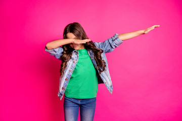 Close up photo beautiful little age she her curly lady cool arms hands action motion disco party amazing look long hairdo wear yellow specs casual jeans denim jacket isolated pink bright background