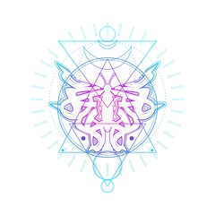 Mystical geometry symbol. Linear alchemy, occult, philosophical sign. For music album cover, poster, sacramental design. Astrology and religion concept. Butterfly outline icon
