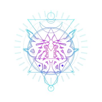 Mystical geometry symbol. Linear alchemy, occult, philosophical sign. For music album cover, poster, sacramental design. Astrology and religion concept. Butterfly outline icon