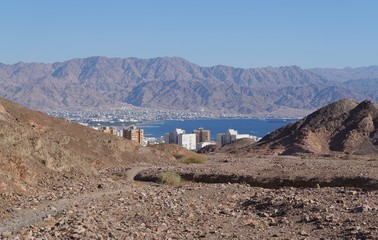 Fototapeta na wymiar Wadi Shahamon in Eilat, sunny day. View onto Eilat city and gulf
