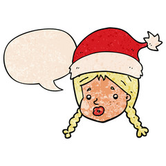cartoon girl wearing christmas hat and speech bubble in retro texture style