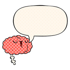 happy cartoon brain and speech bubble in comic book style