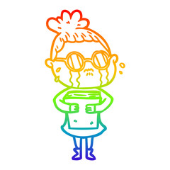 rainbow gradient line drawing cartoon crying woman wearing spectacles