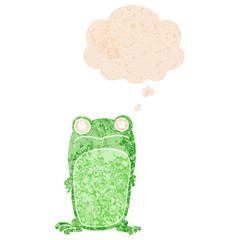cartoon staring frog and thought bubble in retro textured style