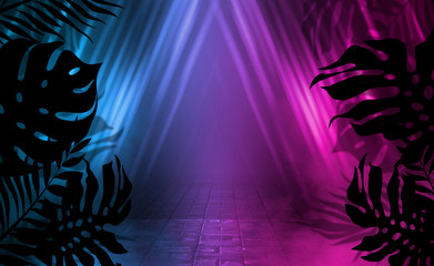 Background of empty dark scenes with neon lights and shapes, smoke. Silhouettes of tropical palm leaves in the foreground. Bright futuristic abstract background