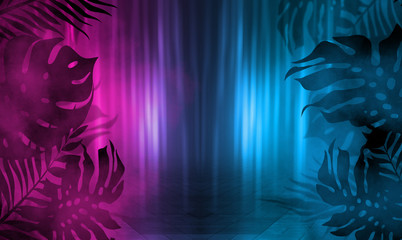 Background of empty dark scenes with neon lights and shapes, smoke. Silhouettes of tropical palm leaves in the foreground. Bright futuristic abstract background