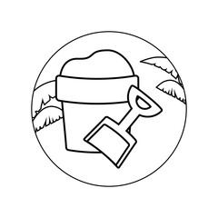 bucket and shovel in frame circular with leafs tropicals
