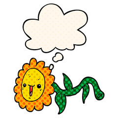 cartoon flower and thought bubble in comic book style