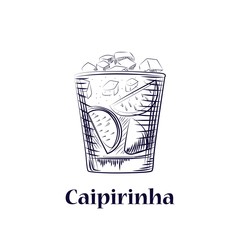 Hand drawn sketch cocktail Сaipirinha. Isolated coctail on white background.