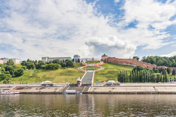 Chkalovskaya stairs and the Kremlin from the river in Nizhny Novgorod, Russia