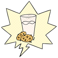 cartoon cookies and milk and speech bubble in comic book style