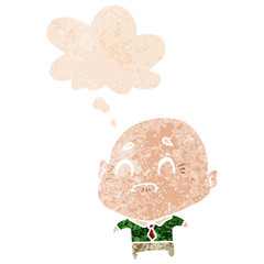 cartoon old man and thought bubble in retro textured style