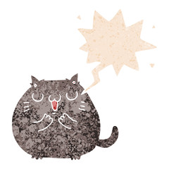 happy cartoon cat and speech bubble in retro textured style