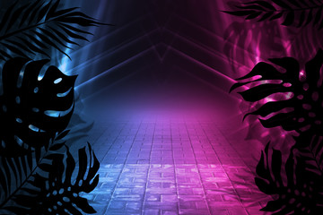 Background of empty dark scenes with neon lights and shapes, smoke. Silhouettes of tropical palm leaves in the foreground. Bright futuristic abstract background