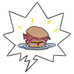 cartoon amazingly tasty bacon breakfast sandwich and cheese and speech bubble