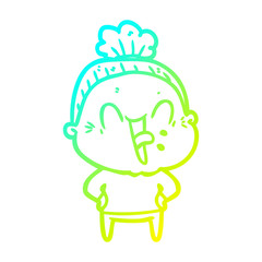 cold gradient line drawing cartoon happy old woman