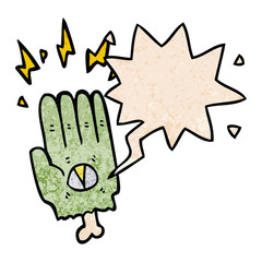 spooky halloween zombie hand and speech bubble in retro texture style