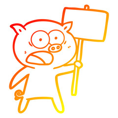 warm gradient line drawing cartoon pig protesting