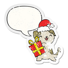 cute cartoon puppy and christmas present and hat and speech bubble distressed sticker
