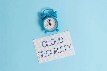 Word writing text Cloud Security. Business photo showcasing Protect the stored information safe Controlled technology Vintage alarm clock wakeup squared blank paper sheet colored background