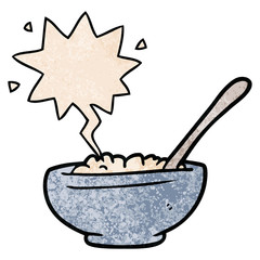 cartoon bowl of rice and speech bubble in retro texture style