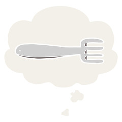 cartoon fork and thought bubble in retro style