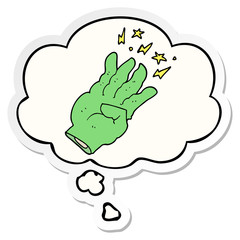 cartoon spooky magic hand and thought bubble as a printed sticker