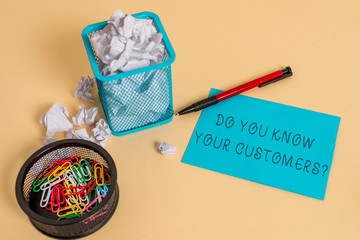 Text sign showing Do You Know Your Customers question. Business photo text asking to identify a customer s is nature crumpled paper trash and stationary with note paper placed in the trash can