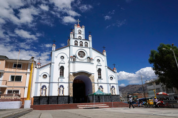 view of the front and steeple of the Iglesia del Senor de la Soledad church in Huaraz