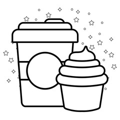 delicious cupcake with beverage icon