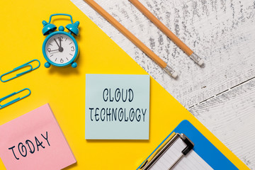 Word writing text Cloud Technology. Business photo showcasing storing and accessing data and programs over Internet Notepads clips paper sheet clipboard markers alarm clock wooden background