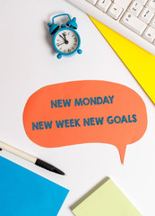 Writing note showing New Monday New Week New Goals. Business concept for showcasing next week resolutions To do list