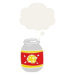 cartoon soda can and thought bubble in retro style
