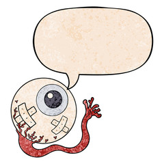 cartoon injured eyeball and speech bubble in retro texture style