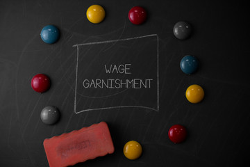 Text sign showing Wage Garnishment. Business photo text Deducting money from compensation ordered by the court Round Flat shape stones with one eraser stick to old chalk black board