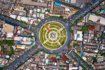 Wongwian Yai roundabout. Aerial view of highway junctions. Roads shape circle in structure of...
