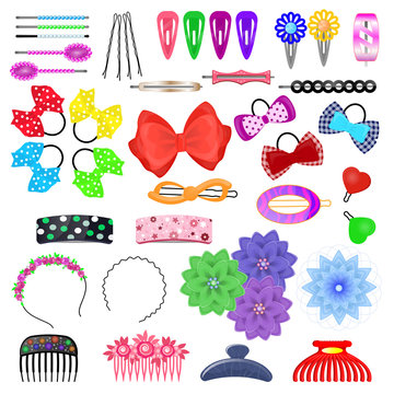 Hair Accessory Vector Kids Hairpin Or Hair-slide And Hair-clip Ponytailer For Girlish Hairstyle Illustration Beauty Fashion Set Of Hairgrip Or Hairdressing Accessories Isolated On White Background