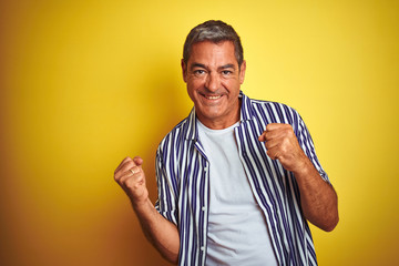 Handsome middle age man wearing striped shirt standing over isolated yellow background very happy and excited doing winner gesture with arms raised, smiling and screaming for success. Celebration 