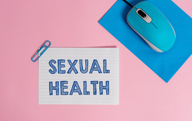 Text sign showing Sexual Health. Business photo showcasing positive and respectful approach to sexual relationships Wire electronic mouse striped blank paper sheets clip colored background