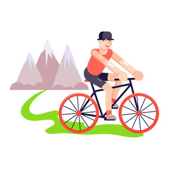 Fototapeta premium Triathlon man on track bike vector illustration. Young adult man or boy traveling outdoor near the mountains. Cartoon male cyclist riding a bike in travel time. Road sport cycling tour
