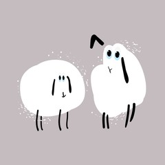 Cute funny sheep, flock of sheep, cartoon character, hand-drawn in vector