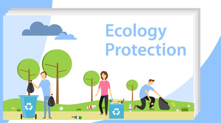 Obraz na płótnie Canvas People collect garbage in the park in nature. People collectively collecting garbage. Volunteers collect garbage in packages. Vector illustration of ecology protection