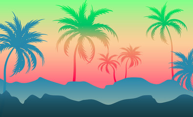 Fototapeta na wymiar Coconut trees on the white hills Backgrounds, Colorful silhouette, Colorful illustration trends.