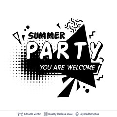 Summer party ad text in pop-art style.