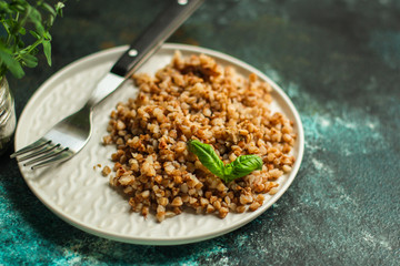 buckwheat porridge (a portion of healthy and tasty food) bon appetit. top food background. copy space