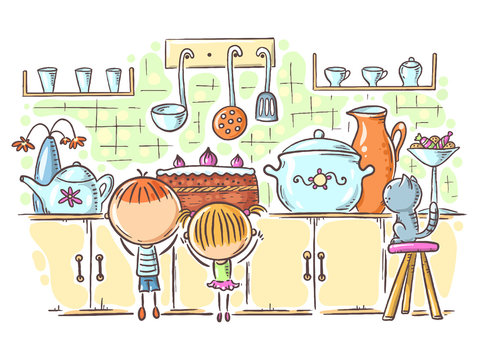 Kids are attracted by the cake in the kitchen, cartoon drawing