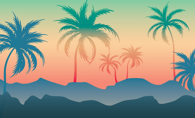 Fototapeta na wymiar Coconut trees on the white hills Backgrounds, Colorful silhouette, Colorful illustration trends.